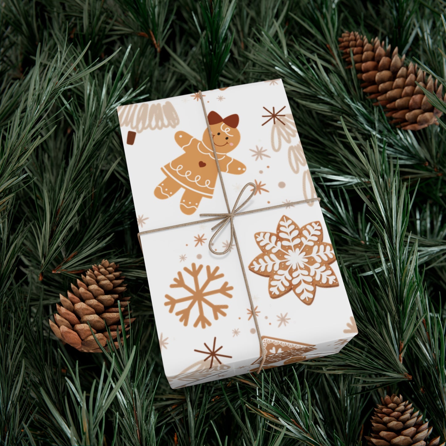 Gingerbread, Christmas Tree and Snowflake Pattern Neutral and Brown Wrapping Paper (30" x 36, 30"x 72")