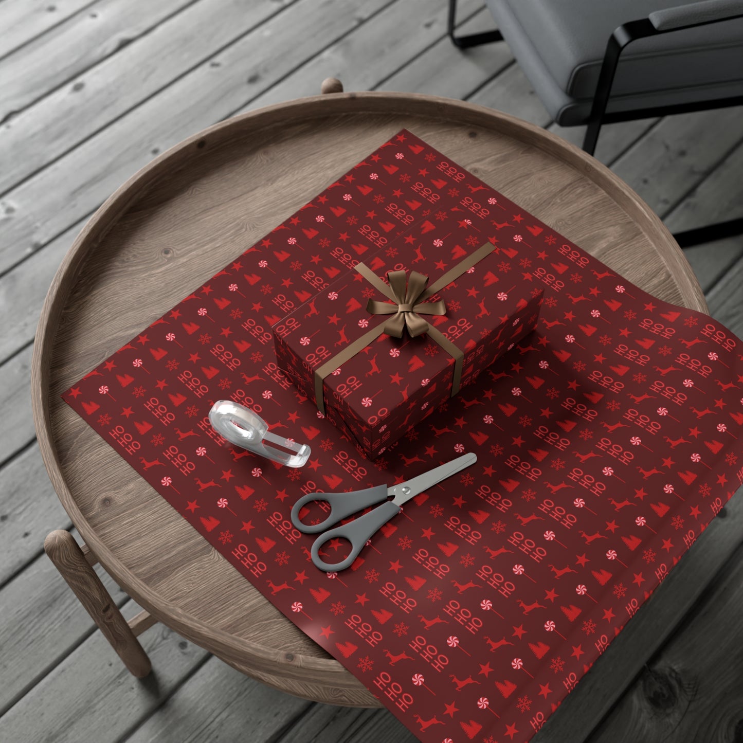 Red Reindeer, Snowflake, HoHoHo, Candy Cane, Christmas Tree, and Star Pattern on Brown Background Christmas Wrapping Paper