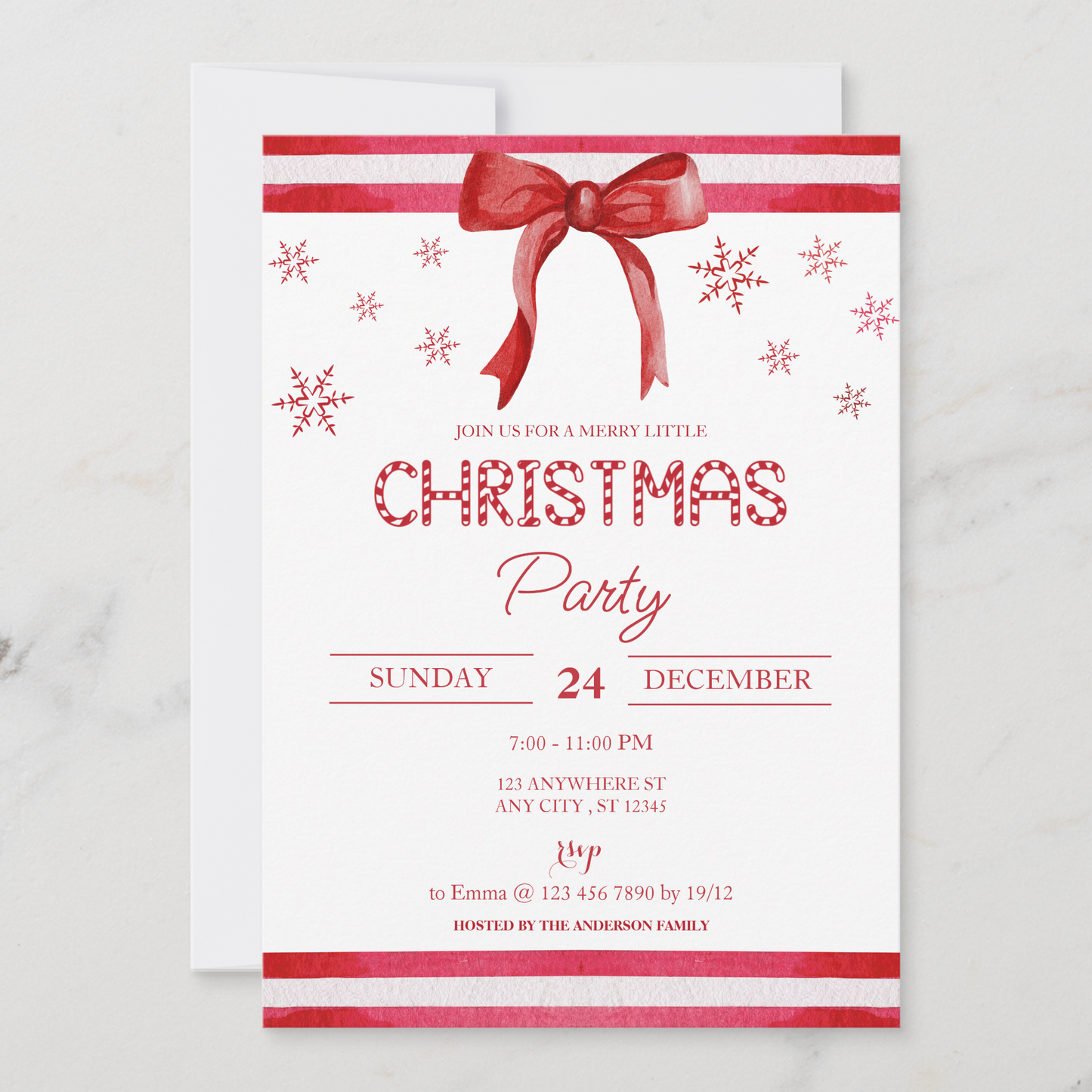 Holiday Celebration Invitation – Red Stripes, Snowflakes, and Festive Red Bow