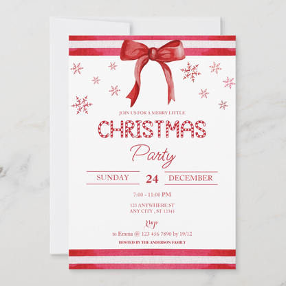 Holiday Celebration Invitation – Red Stripes, Snowflakes, and Festive Red Bow