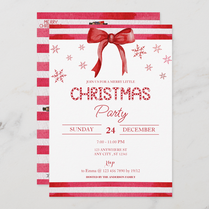 Holiday Celebration Invitation – Red Stripes, Snowflakes, and Festive Red Bow