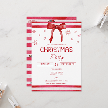 Holiday Celebration Invitation – Red Stripes, Snowflakes, and Festive Red Bow