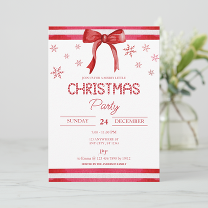 Holiday Celebration Invitation – Red Stripes, Snowflakes, and Festive Red Bow