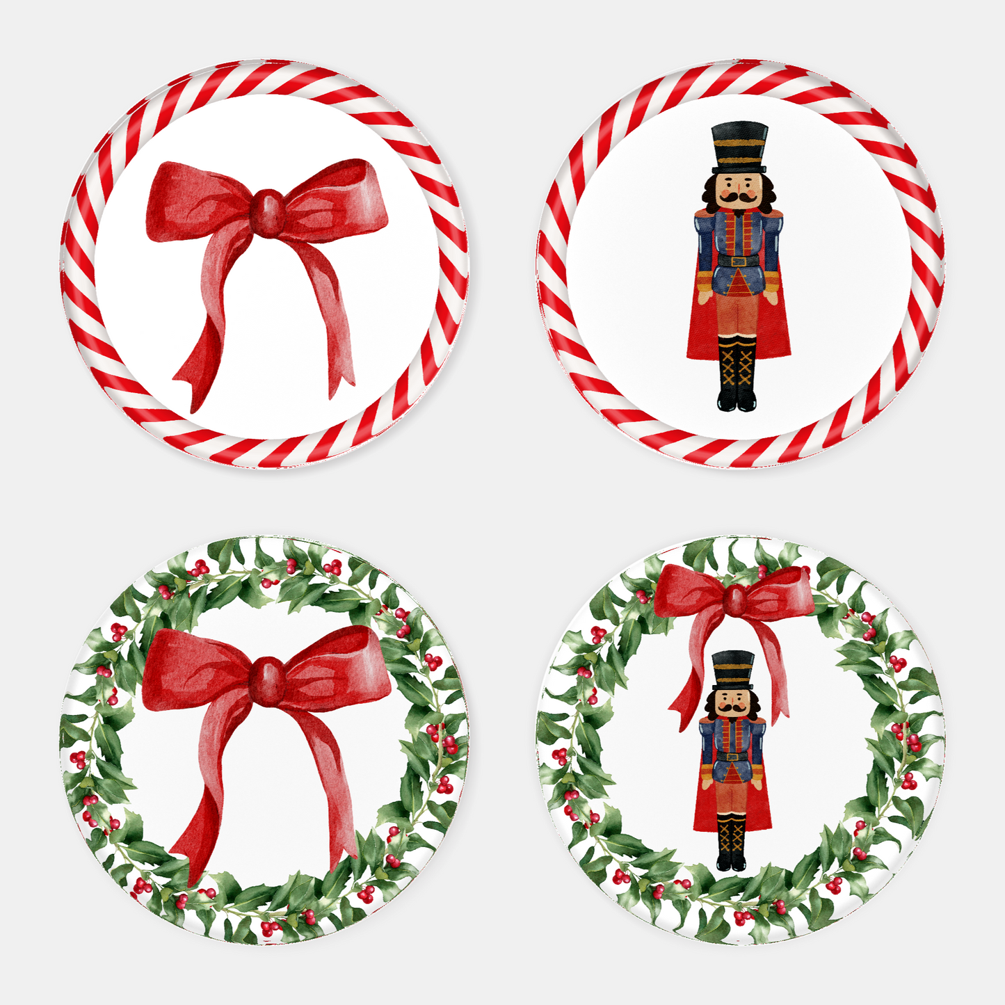 Nutcracker, Red Bow, Candy Cane, Wreath Christmas Coaster Set